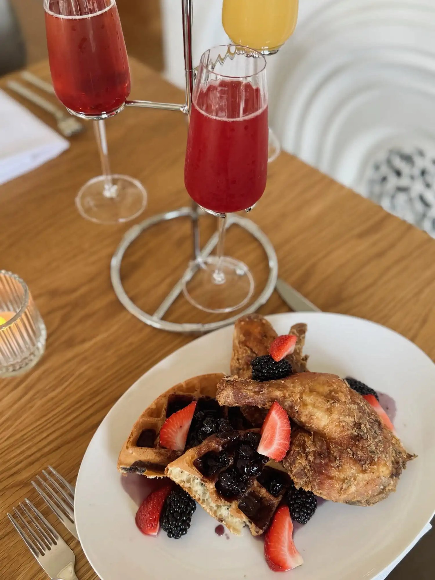 CHICKEN AND WAFFLES with mimosa flight