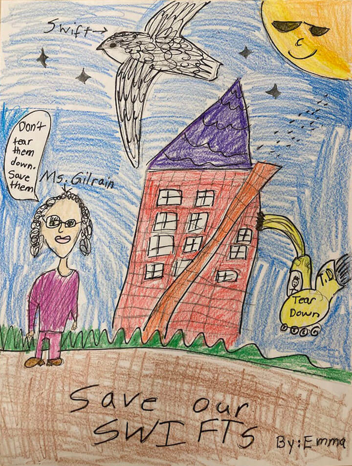 A colorful child’s drawing showing a person labeled “Ms. Gilrain,” a bird, and a red building with a speech bubble saying “Don’t tear them down, save them,” alongside a bulldozer marked “Tear Down.”